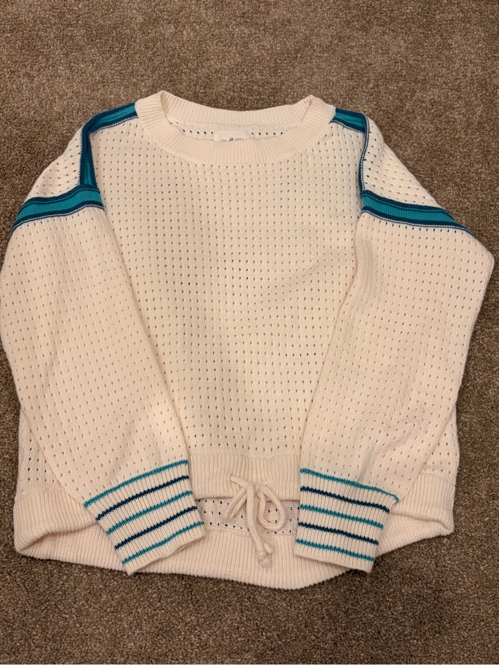 Lou & Grey Cream Open-Knit Sweater with Teal Stripe Detail